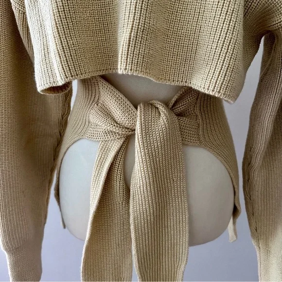 Free People Beach Reed Tan Tie Back Turtleneck Sweater Medium - Picture 4 of 6
